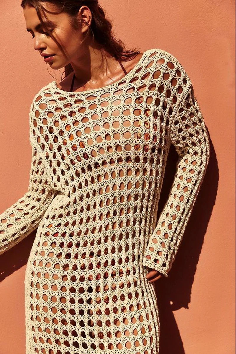 NEW Arrivals UK Size Beige/Orange Para Praia Hollow Out Knitted Long Dress Beach Dress Bikini Cover Swimwear Cover Ups Sexy Beach Outfits for Women Beachwear