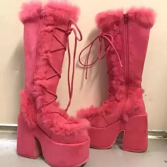 New Arrivals Winter Women Snow Boots Platform Wedge High Heel Rabbit Fur Lady Shoes Female Plush Warm Non-Slip Mid Calf Boots Goth Shoes Girls Footwear Supplies