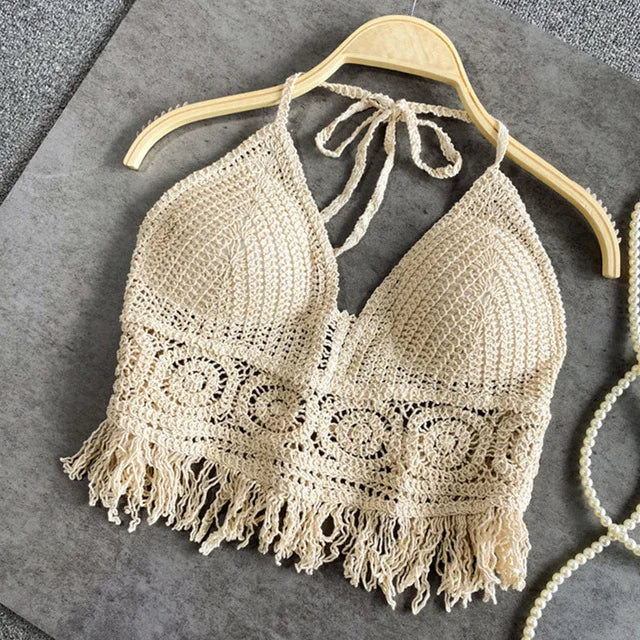 Handmade Sexy Beach Holiday Camisole Halter Women Crochet Knit Swimsuit Bra Backless Vest Hollow Tassel Tank Top Women's Female Crop Tops Girls Ladies Summer Luxury Fashion Clothing Products