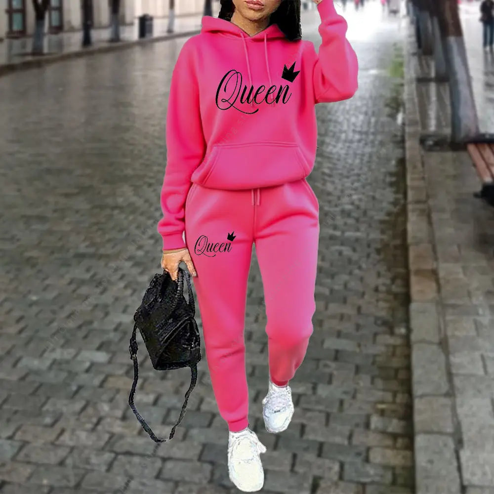 NEW 2PCS Set S-3XL UK Plus Size 10 Colors Queen Letter Graphic Women's Sets Hoodies Pants Suit Autumn Winter Sports Jogging High quality Aesthetic Tracksuit