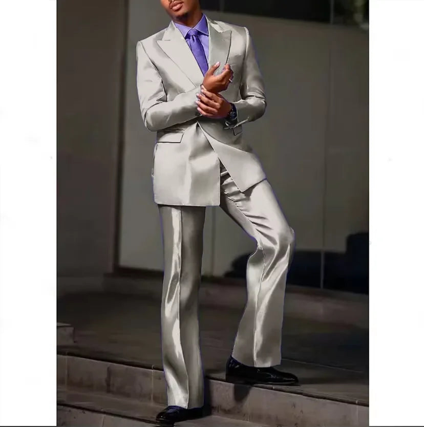 8 Colors 2 PCS Set S-7XL Extra Plus Size Luxury Men‘s Satin Suit Peak Lapel Slim Fit Tuxedo Jacket Straight Leg Pants Formal Outfit Wedding Prom Party Groom.