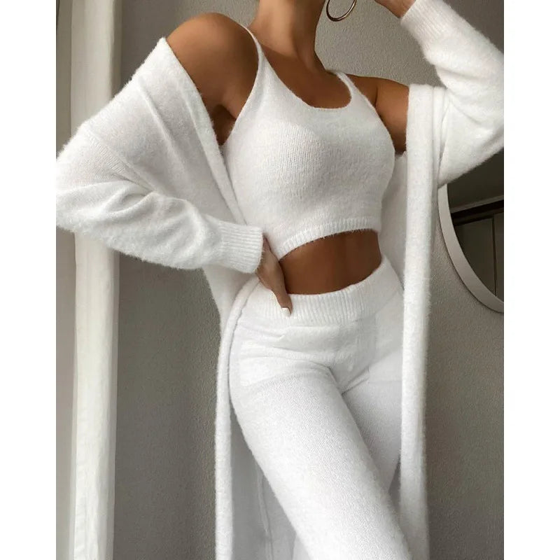 NEW Arrivals 3PCS Set 5 Colors Autumn Winter Knitted Plush Comfortable Women's Suit Sexy V-Neck Short Crop Top Cardigan Sweater Trousers/Tops/Jacket Ladies Girls Home Wear Apparel Supplies
