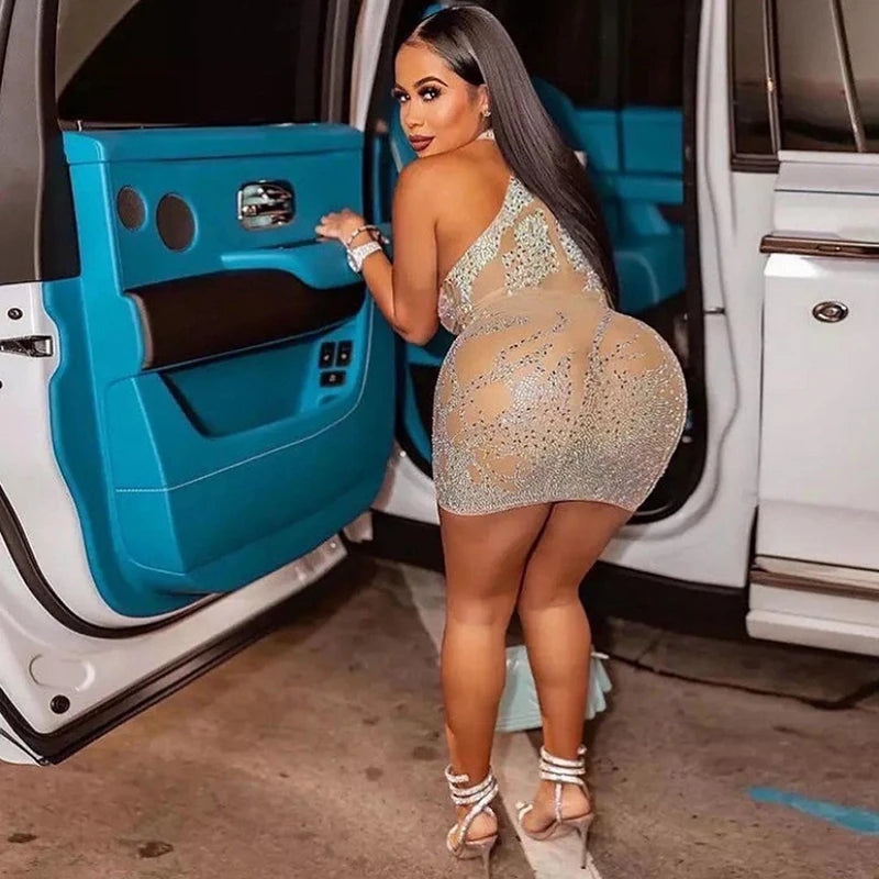 NEW Arrivals S-2XL Asian Size Black/Khaki Color Sexy Party Dress for Women Mesh Sheer See Through Party Club Night Mini Bodycon Dress Luxury Rhinestones Sparkly Birthday Dress
