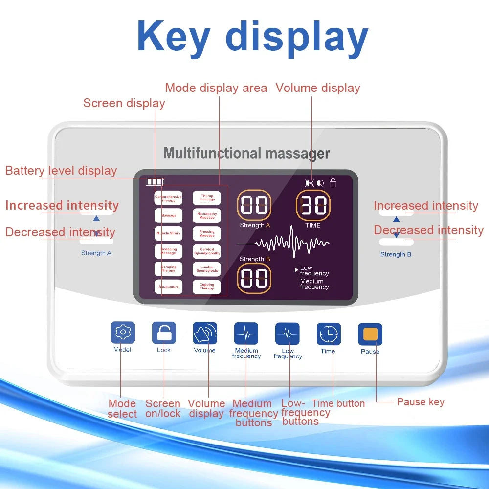 12 Modes + 20 Electrode  Pads Bags Electric Acupuncture EMS Tens Muscle Stimulator 30 Intensities Therapy Pulse Body Massager Electro Health Care Machine
