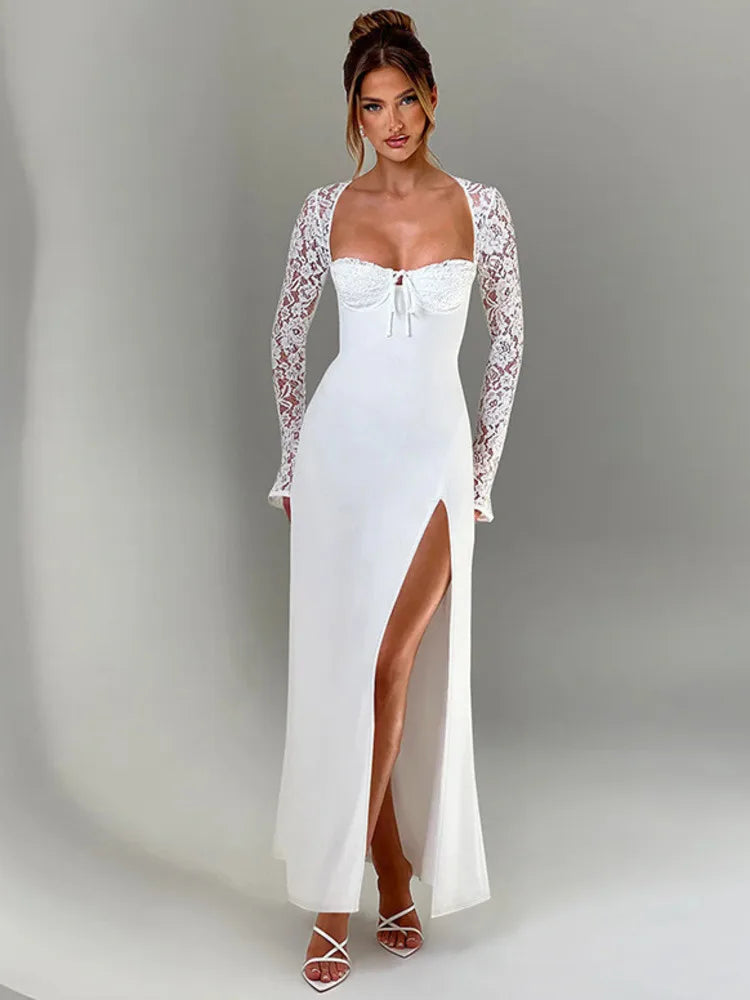 NEW Arrivals UK Size Black/White Color Lace Long Sleeve Sexy Maxi Dress Women Autumn New Square Collar Backless Lace-Up High Split Sexy Evening Beach Night Club Party Long Dress