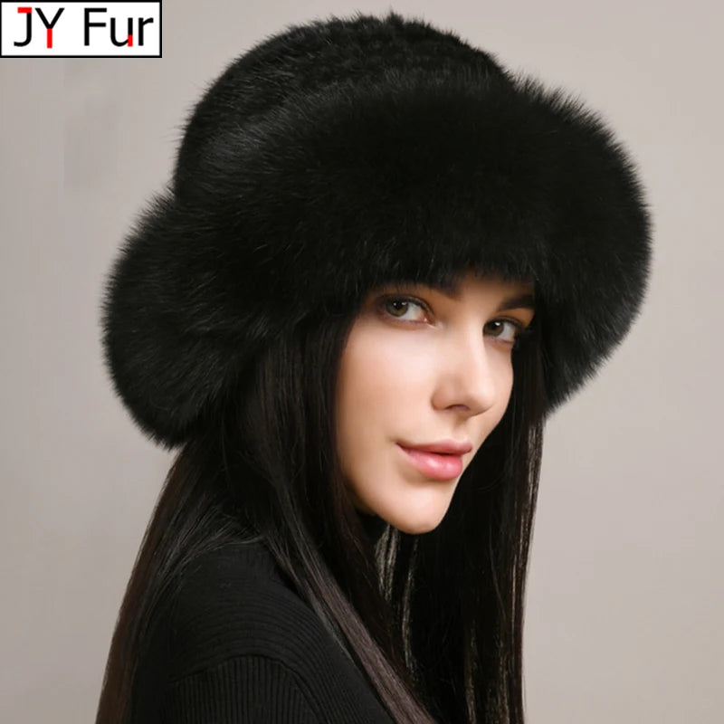New Arrivals Real Mink Fox Fur Siberian Style Women Girls Winter Warm Snow Clothes Accessories Supplies Luxury Knitted Bomber Hat Natural Fox Fur Cap Quality Soft 100% Genuine Mink Fur Hats Female Ladies Luxury Fashion Clothi
