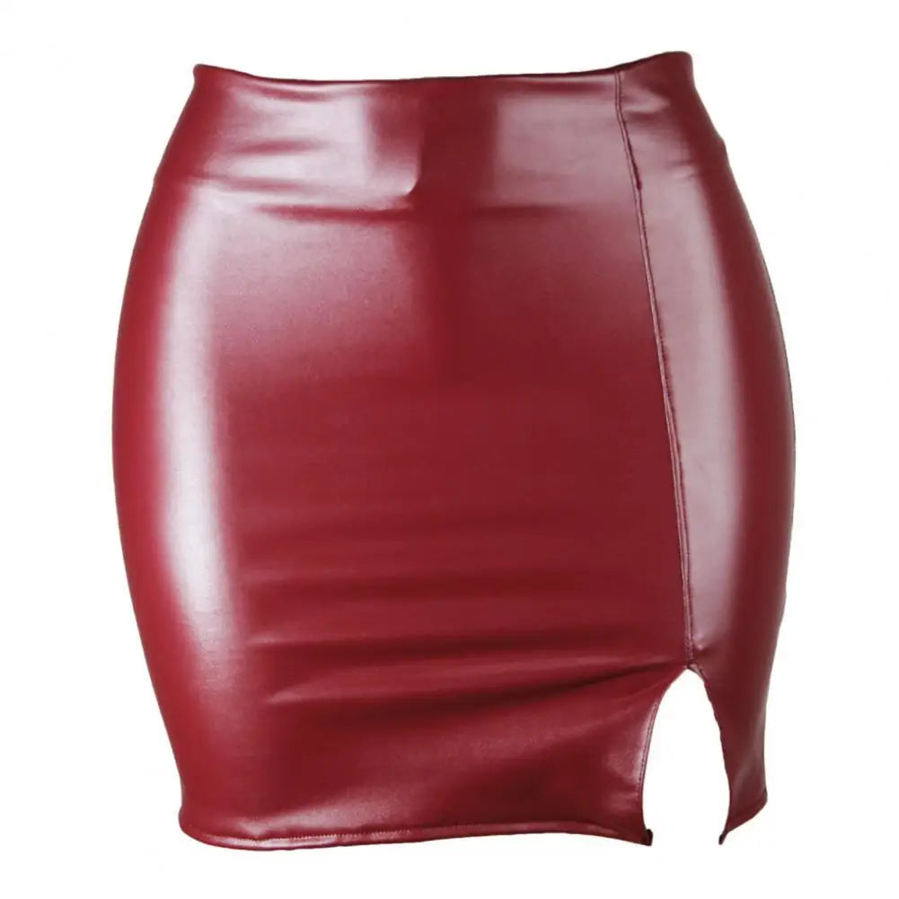 Women Italian Sexy Skirt S-2XL UK Plus Size 9 Solid Colors Hidden Zipper Mini Skirt PU Leather High Waist Split Skinny Skirt Female Streetwear Women's Clothing