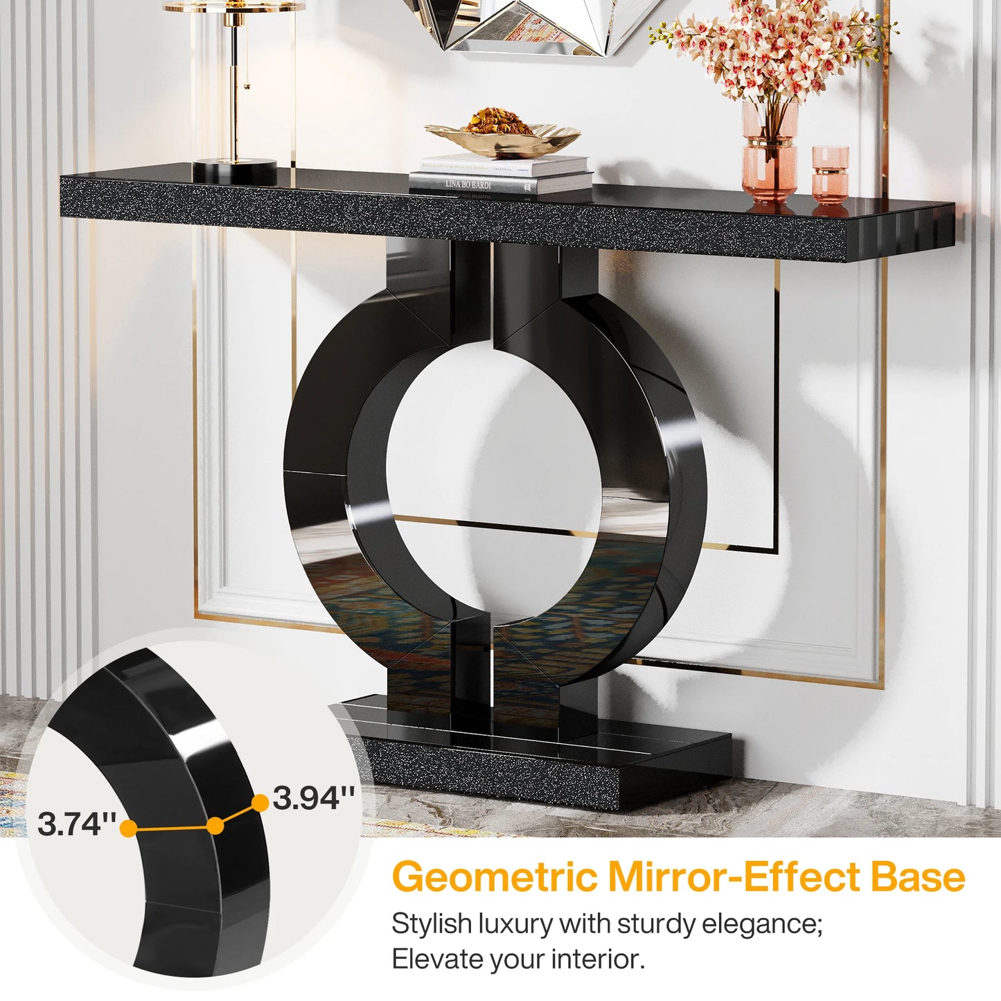 Ivory/Black Color 43-Inch Luxury Modern Mirrored Console Table, Glass Sofa Table with Mirror Finish, Entryway Table with O-Shaped Base, Home Furniture Supplies