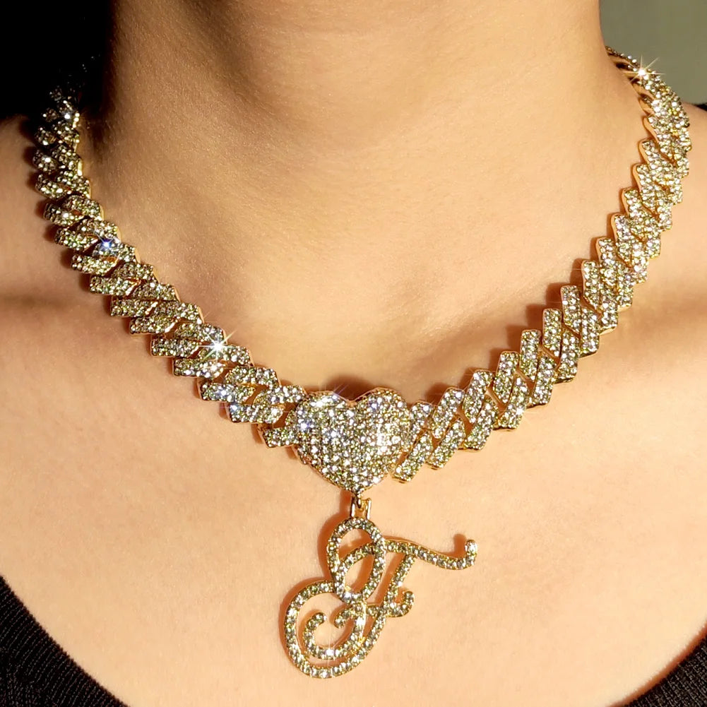 2 PCS Set New Fashion A-Z Initial Cursive Letter Luxury Rhinestones Pendant Cuban Necklace for Women Iced Out Cuban Link Chain Necklace Set Jewelry