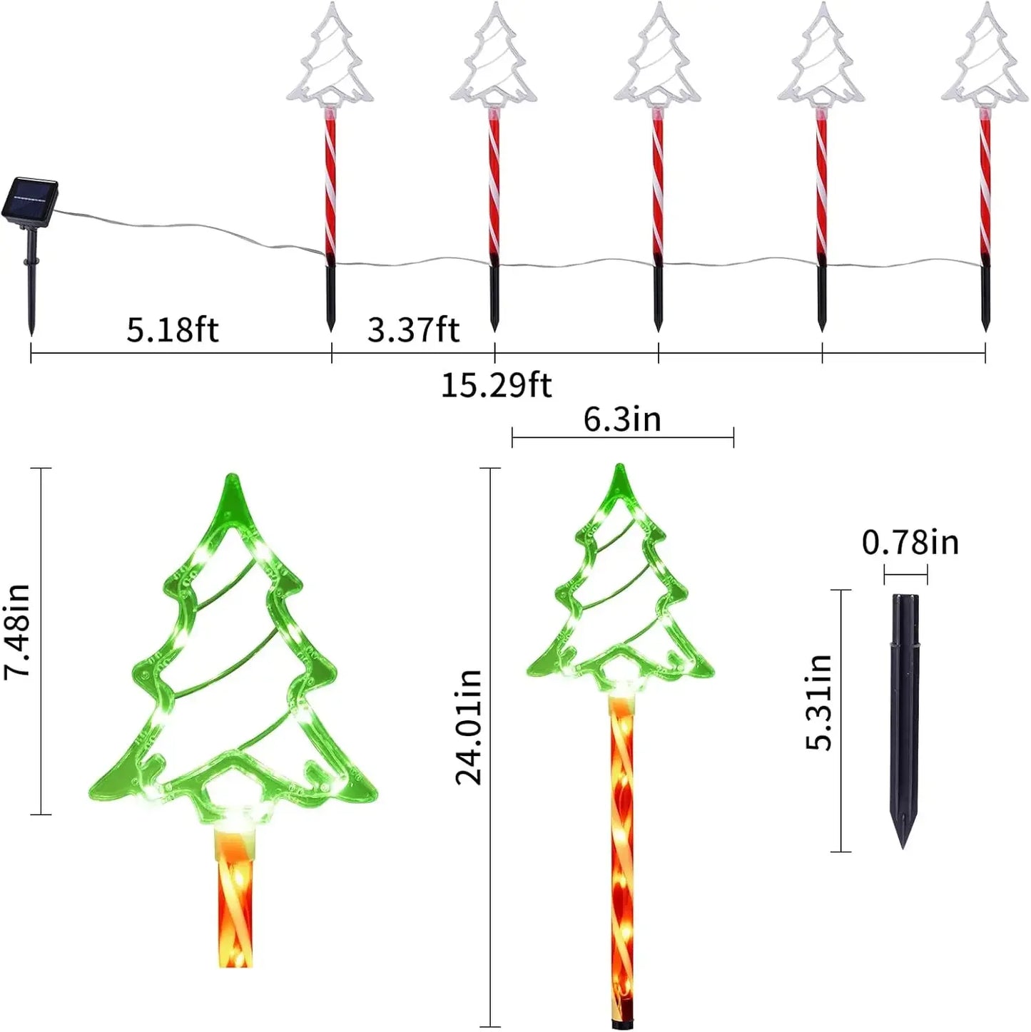 5PCS Set Solar Christmas Pathway Lights Outdoor Decorations Xmas Tree Candy Lights Waterproof Led Garden Stake Lights Yard Lawn Decoration Supplies Products