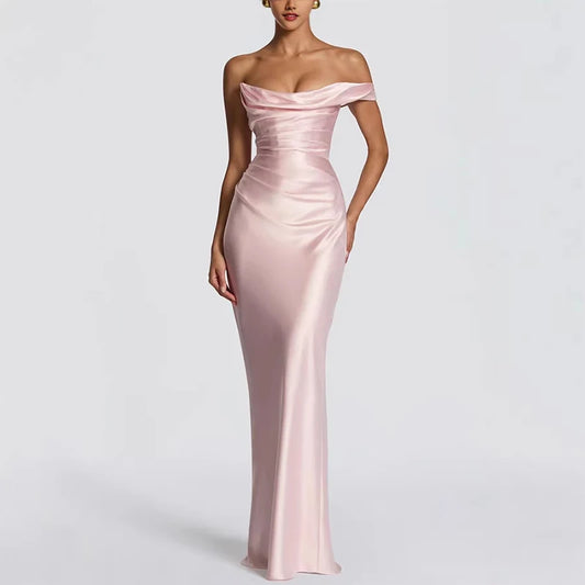 S-XL 3 Colors One Shoulder Satin Women 's Maxi Dress Cowl Neck Ruched Waist Bodycon Dresses Summer Woman Formal Evening Party Wedding Guest Outfit