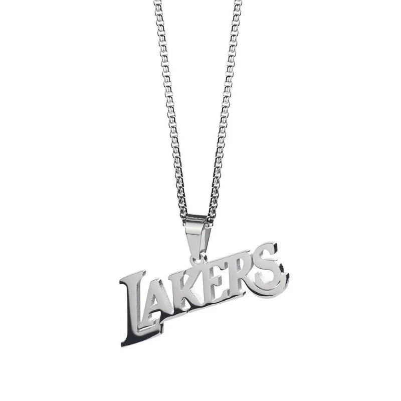 LAKERS Commemorative Logo Silver and Colorful Pendant Necklace, Titanium Steel Unisex Jewelry for Basketball Super Fans
