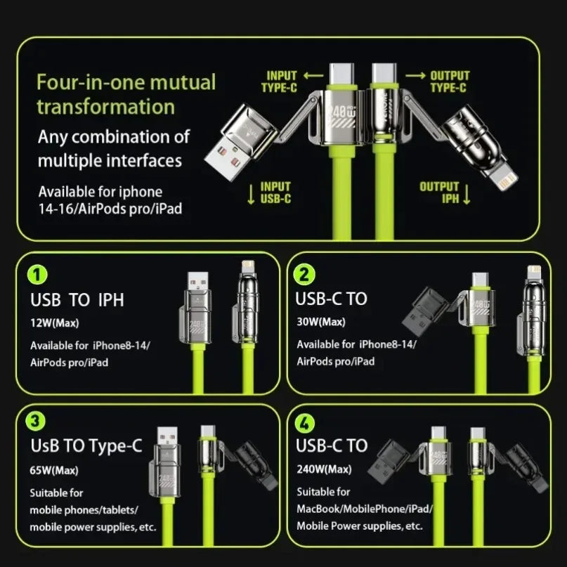 NEW Arrivals 4-in-1 Set Cable 240W Super Fast Charging Data Transfer for iPhone 16 15 14 13 12 Pro iPad Notebook Tablet Mobile Cell Phone Samsung Laptop Mobile Phones Accessories