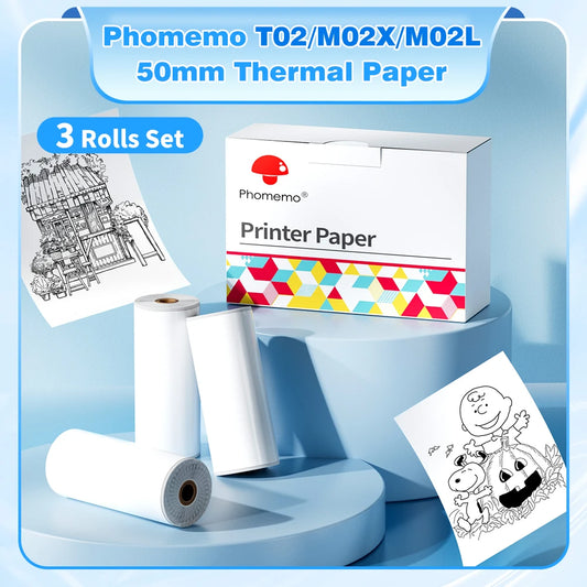 NEW Arrivals 3 Rolls Set PHOMEMO White Sticker Paper Thermal Label for T02 M02L Portable Mini Printer Keep for 10 Years Sticky Paper 50mm/53mm