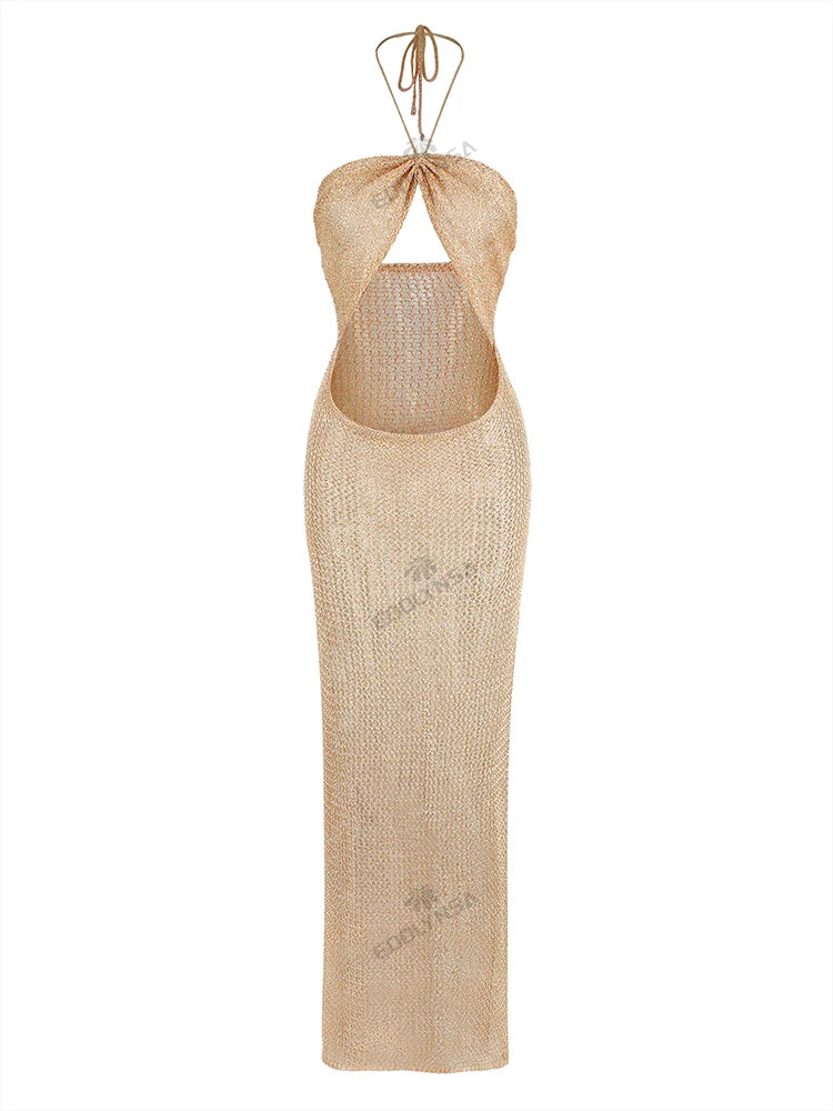 NEW 10 Colors Sexy See Through  Knit Halter Neck Cut Out Beach Maxi Dress Summer Swimsuit Cover Up Women's Solid Color Vacation Party Outfit K232 Ladies Luxury Swimwear Cover Ups