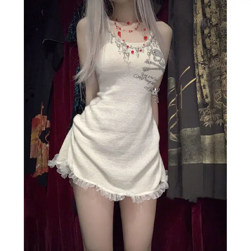 New Gothic Summer Drawstring Spliced Lace European and American Short Styles Sleeveless Slim Solid Color A-line Skirt