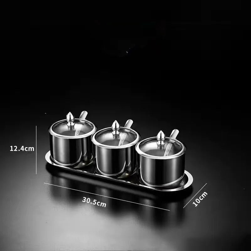 NEW Arrivals 2/3/4 Sets Luxury Golden 304 Seasoning Box Bottle Glass Pot Cap with Spoon Flavoring, Holder Rack Tank Sauce Spice Jar Salt Soy Storage Box Kitchenware Preparing Cooking Tools