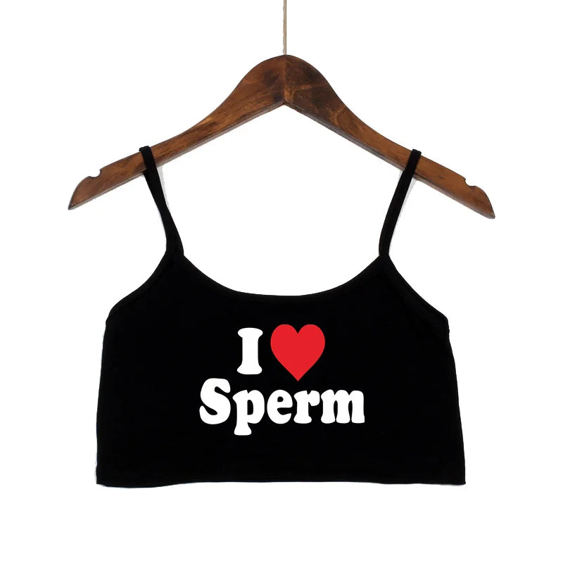 NEW Arrivals I LOVE SPERM Sexy Crop Top for Women Streetwear Girls Asian Size Casual Clothes Elastic Camis Sleeveless Female Short Tank Top Women’s Tops