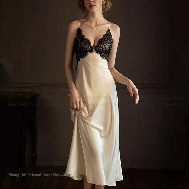 2 PCS Set Sexy Female  Long Robe Nightgown Spring Summer New Silk Satin Sleepwear Nightdress Lingerie Patchwork Lace Home Wear