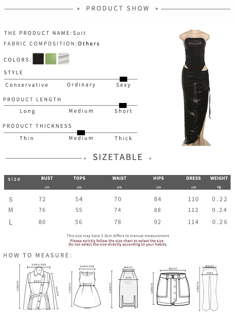 2PCS Set UK Size Silk Summer Women 3 Colors Strapless Bodysuit + Irregular Side Split Shirring Skirts Midnight Clubwear Matching Suits