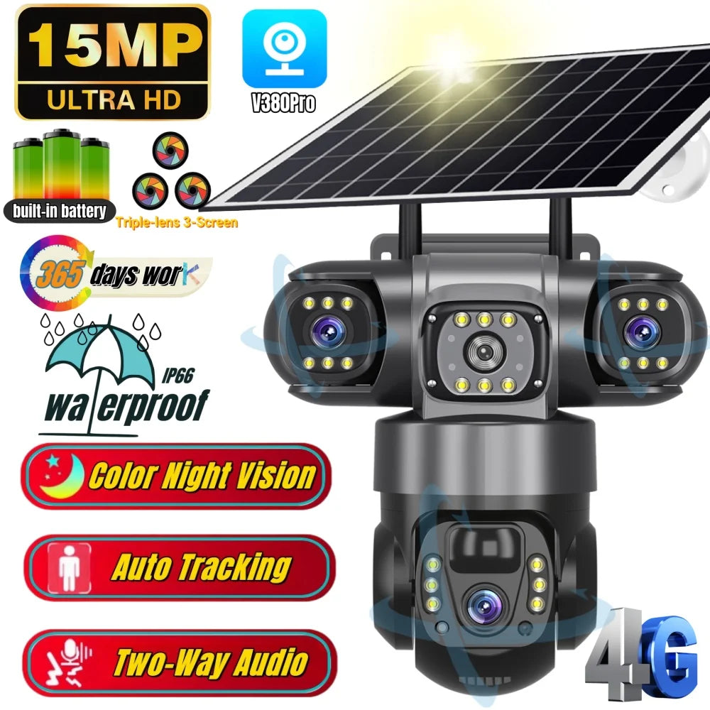 NEW V380 PRO 3 Lens IP Solar Camera HD 15 MP Outdoor Waterproof CCTV Night Vision Two-Way Audio Camera Mobile Tracking 4G IP Camera Home Office Factory Security Systems