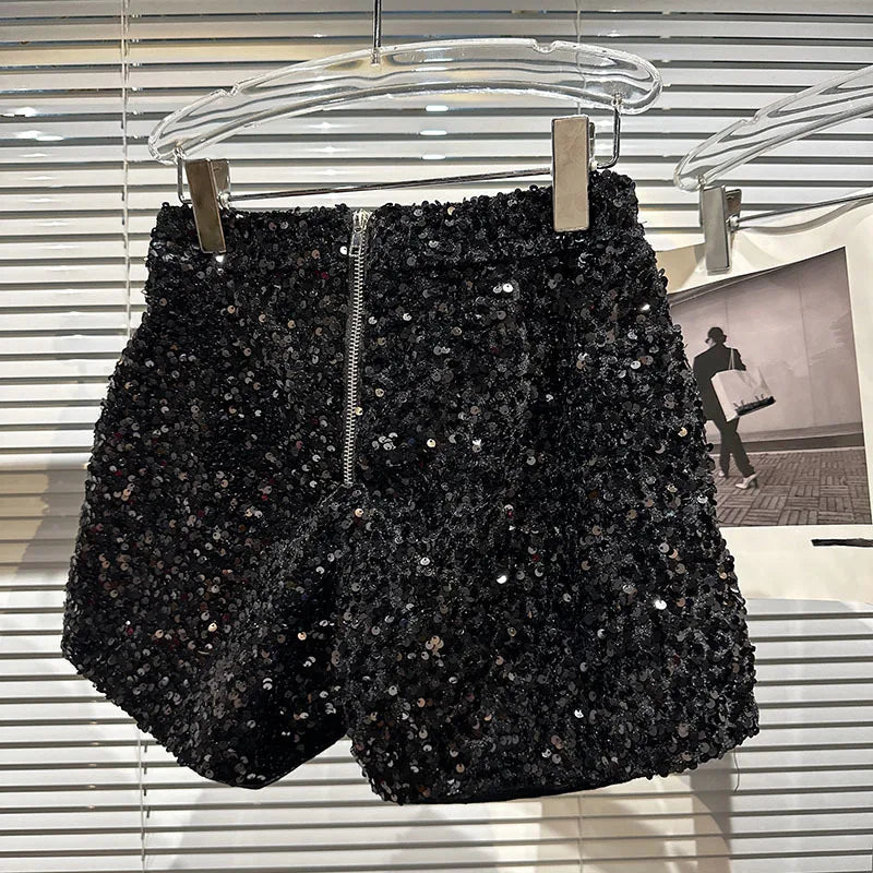New Arrivals Sexy Clubwear Shorts Ladies Luxury Sequins Shorts Loose High Waist Streetwear Wide Leg Short Pants Sliver Black Women Girls Clothing