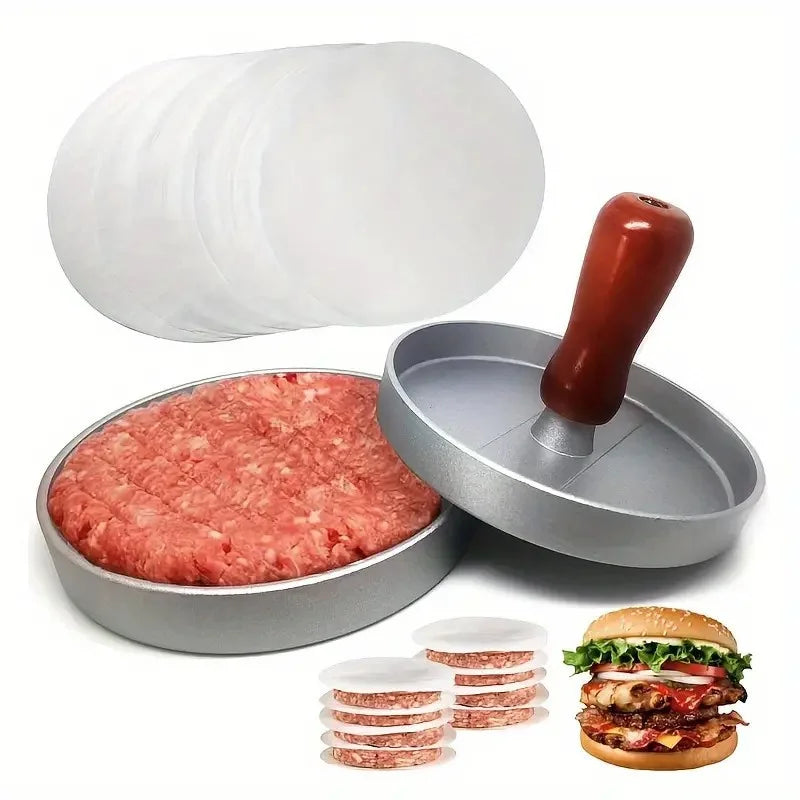 NEW Arrivals Stainless Steel Hamburger Patty Press Machine with Wooden Handle Non-Stick Patty Mold for Perfect Burgers Includes 100 Pcs Meat Pat Cooking Tools