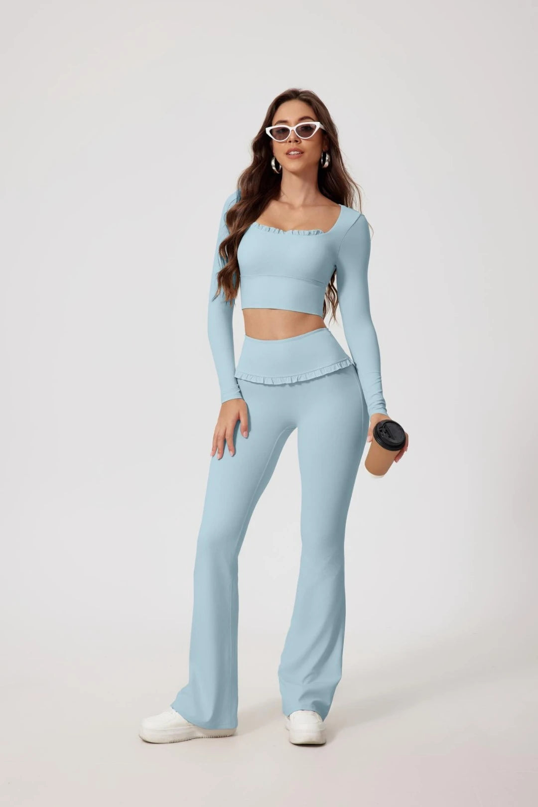 2PCS Set S-XL 6 Colors Naked Square Neck Yoga Set Sports Fitness High Waist Nude Quick-drying Long-sleeved Outdoor Running Workout Clothes Gym Suit