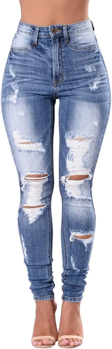 S-2X Plus Size Trendy Women's High-Waisted Slim Fit Denim Jeans Cross-Border Style Pencil Long Jeans Tear Hole Design Elegant Commute Girls Casual Spring Streetwear Apparel Supplies