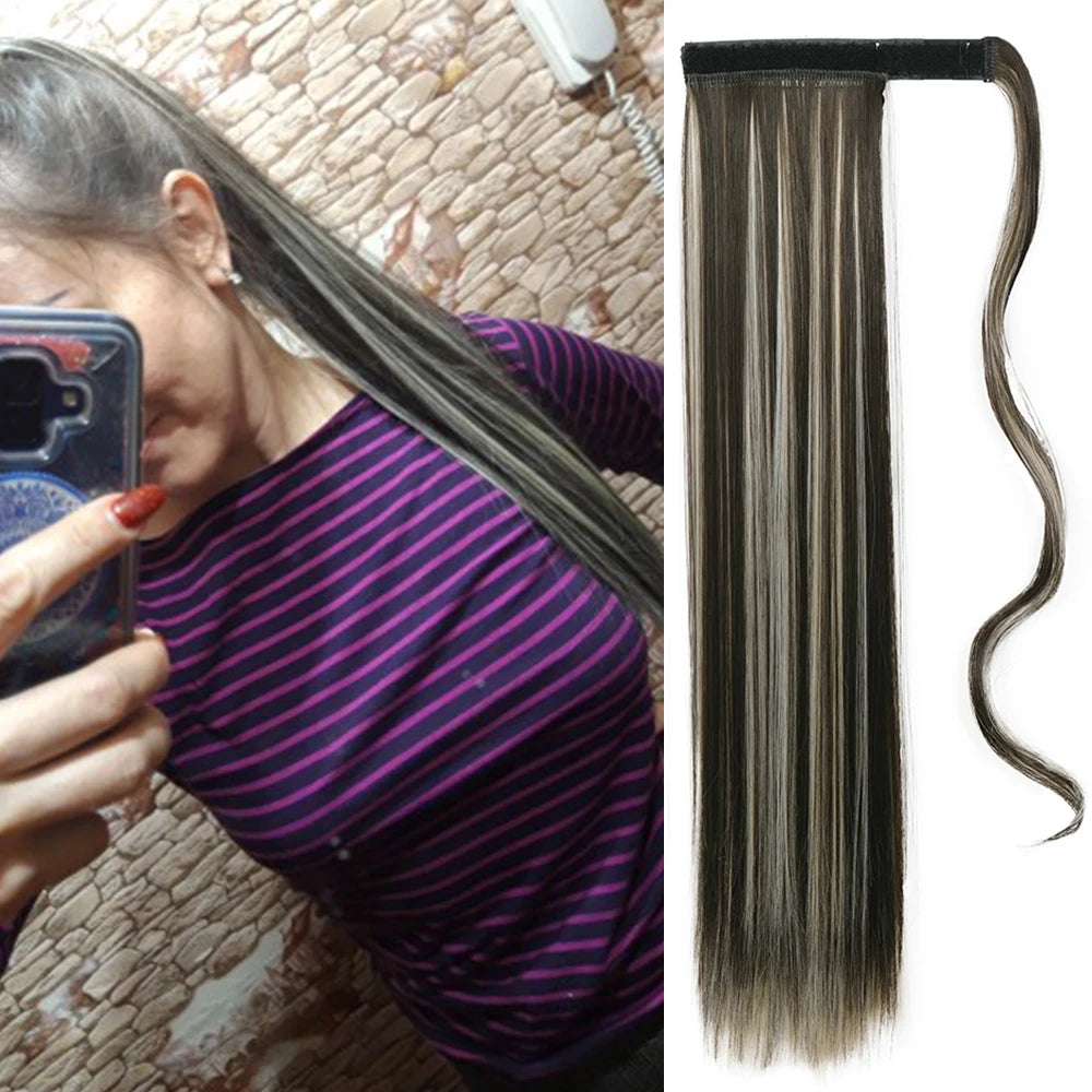 NEW  Synthetic Long Straight Wrap Around Clip In Ponytail Hair Extension Can Be Permed Heat Resistant Pony Tail Fake Hair