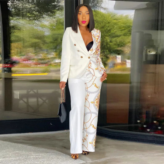 Women Formal Jacket & Trousers Office Lady Outfits Autumn Women Two Pieces Set Print Blazer Coat & Pants Suit Sets Female