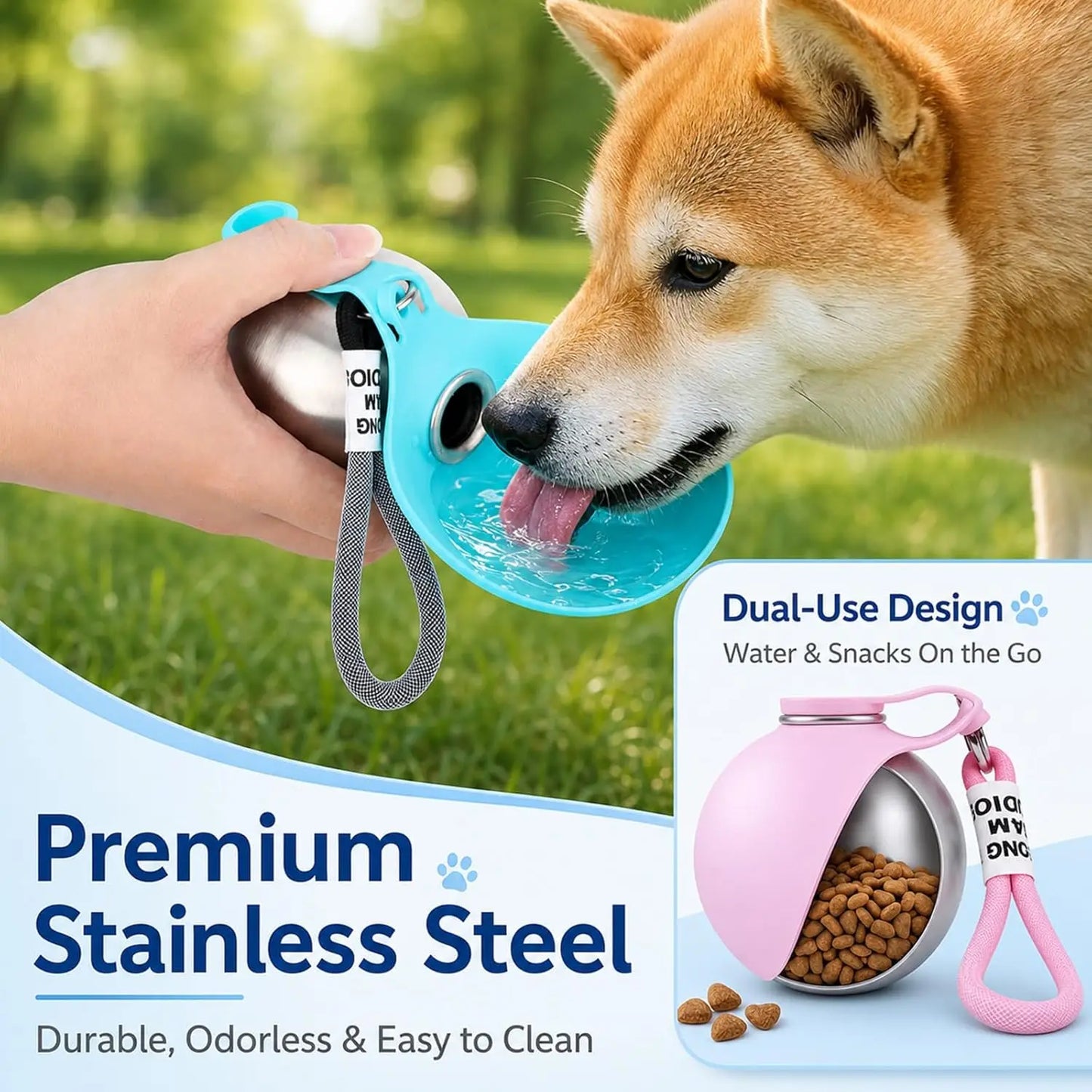 2 in 1Portable Foldable Outdoor Walking Dog Water Bottle, Plastic/Stainless Steel/Printed Pet Water Dispenser Silicone Feeder Drinking Cup Foldable Bowl Leak Proof Small/Large Dog Water Bottle