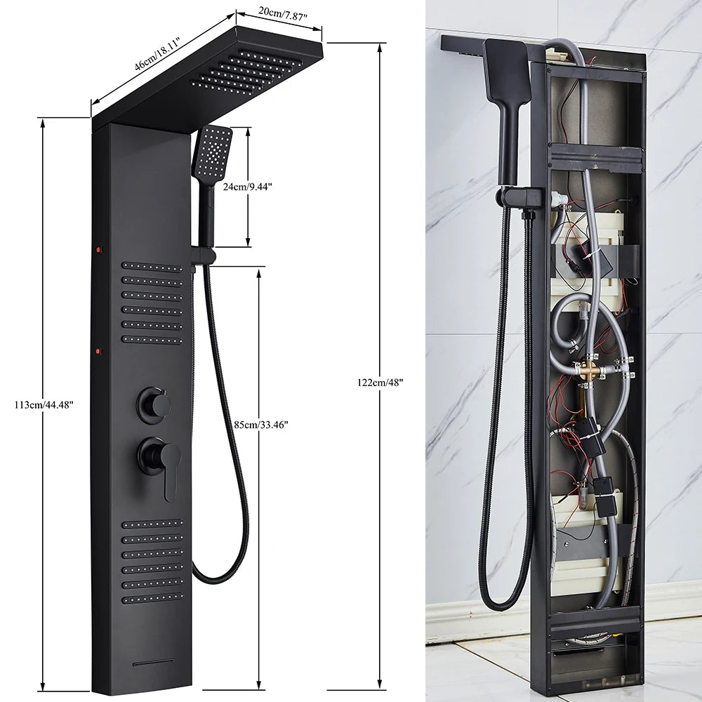 Silver Nickel and Black Color Luxury Massage Spa Shower Column LED Lights Rainfall Bathroom Faucet with Massage Jet Bath Panel System  5 Modes Waterfall Hot Cold Mixer Tap Home Hotels Bathroom Supplies
