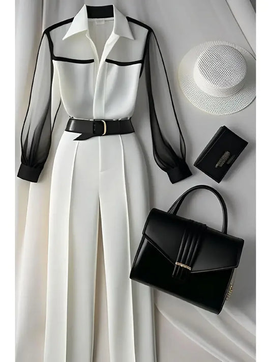 NEW Arrivals 2PCS Set S-2XL UK Size White Tailored Trousers Loose Pants Suit Women Luxury Sets Vintage Perspective Shirt Autumn Blouse Sleeve Top Ladies Luxury Fashion Clothing Supplies