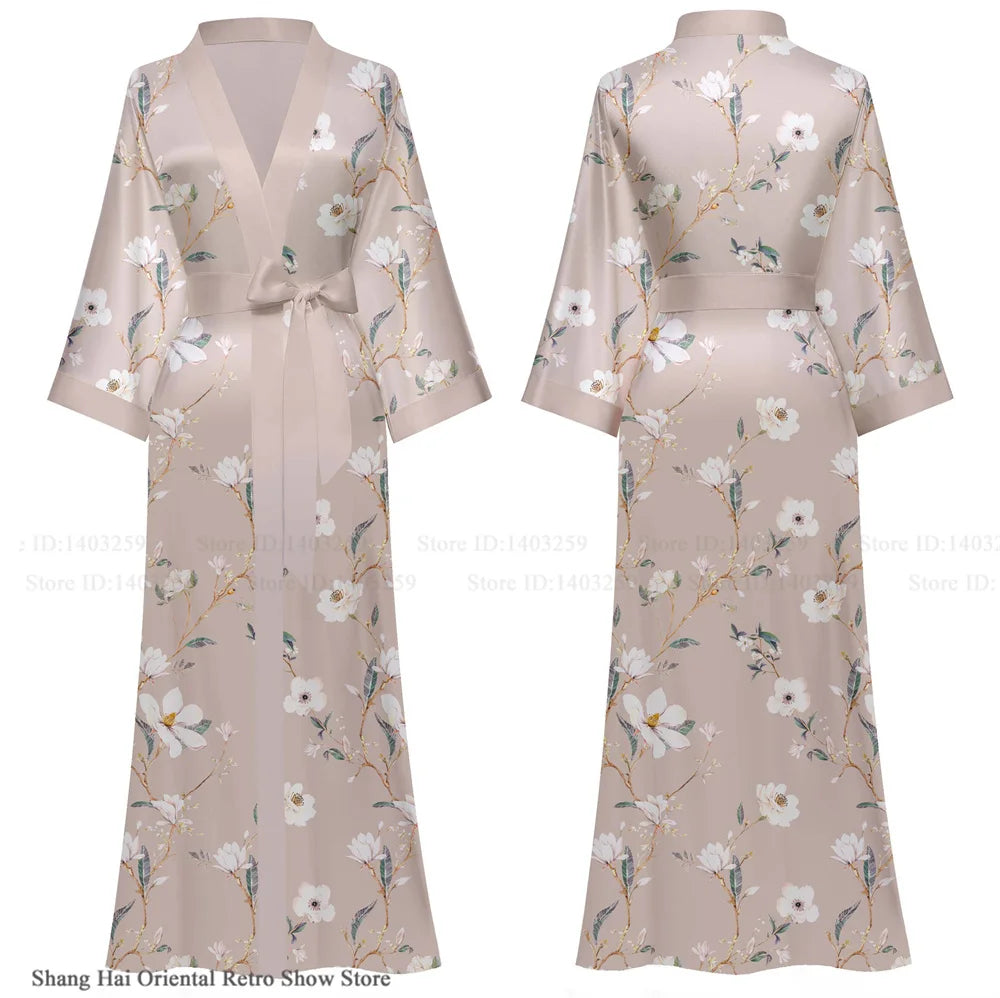 NEW Luxury Japanese Silk Elegant Flower Women Long Robe Loungewear Silky Satin Kimono Bathrobe Gown Spring Autumn New Sleepwear Home Dress Negligee