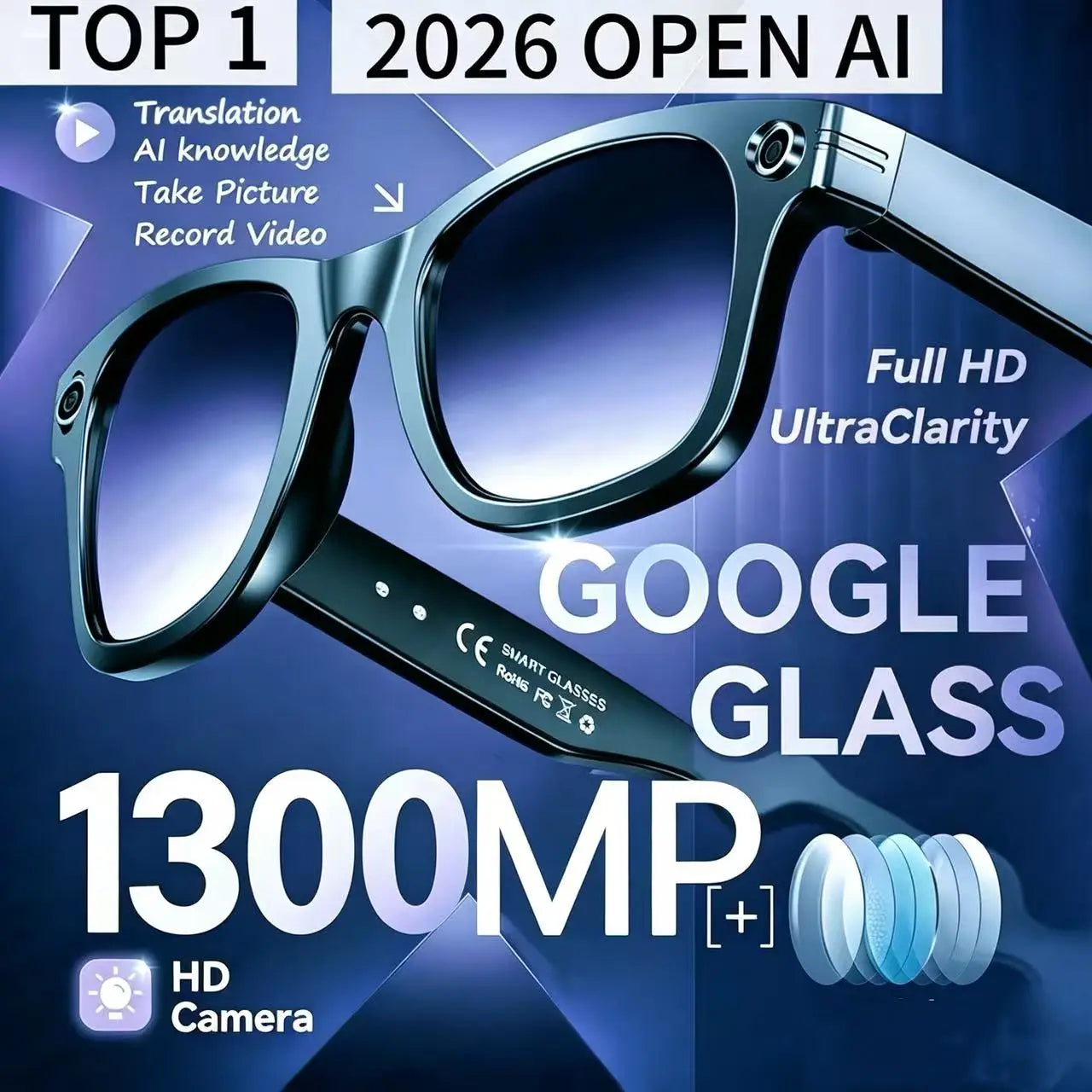TOP 1 for Meta AI ChatGPT Smart Glasses 13MP Camera Video Recording 100+ Languages Translation Sunglasses Bluetooth Call Music Play