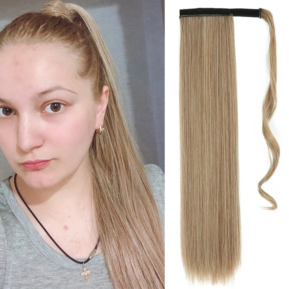NEW  Synthetic Long Straight Wrap Around Clip In Ponytail Hair Extension Can Be Permed Heat Resistant Pony Tail Fake Hair