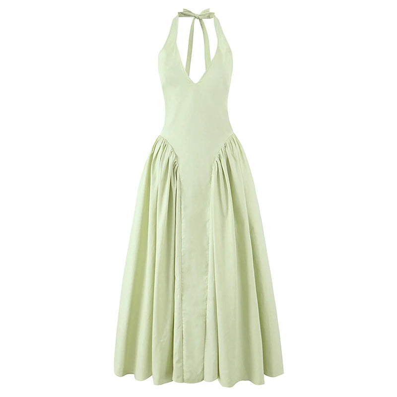 7 Colors  Sexy Backless Elegant Halter Dress For Women Low Waist A-line Midi Summer Evening Party Dresses Cotton Gowns