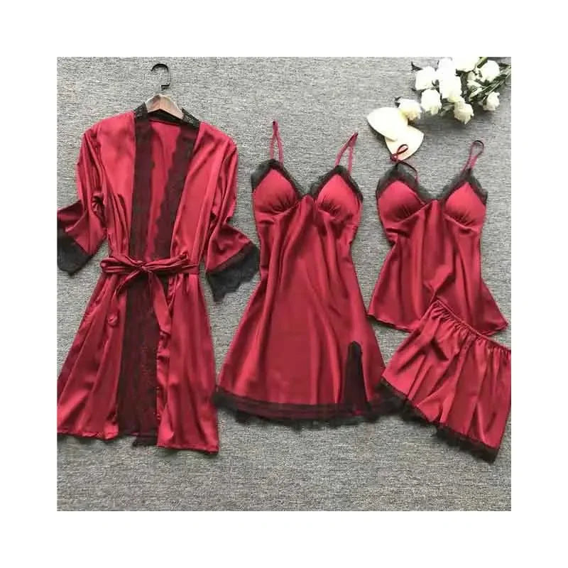 NEW BRANT 4PCS Set S-5XL Plus Size 6 Colors Women's Sleepwear Sexy Silk Ice Fabric Kimono Gown Home Clothes with Chest Pad Thin Material Comfortable Home Wear Ladies Nightgown Sets