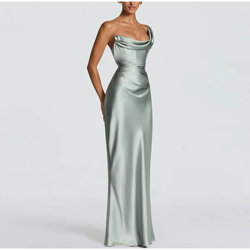 S-XL 3 Colors One Shoulder Satin Women 's Maxi Dress Cowl Neck Ruched Waist Bodycon Dresses Summer Woman Formal Evening Party Wedding Guest Outfit
