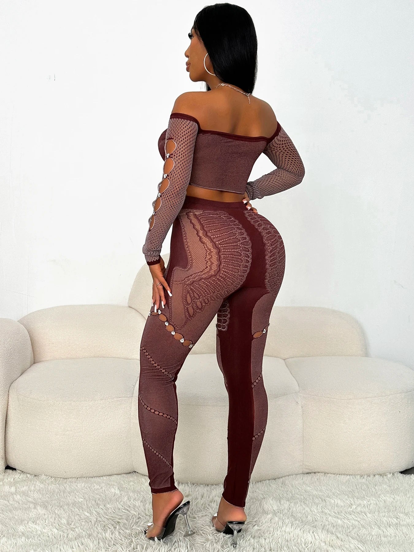 NEW Arrivals 2PCS Set Sexy Thick Women  Chic Hollow Rhinestones Slash Neck Crop Tops+Patchwork Leggings Stretch Matching Evening Nightclub Party Suit Ladies Girls Sexy Fashion Clothing Supplies