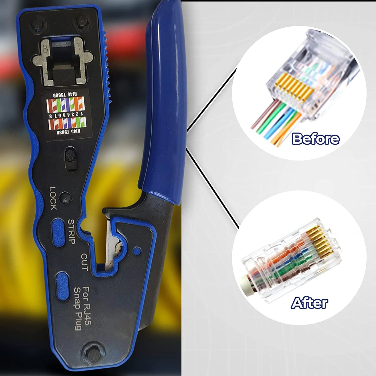 RJ45 Crimp Tool Pass Through Crimper Cutter for Cat6a Cat6 Cat5 8P8C Modular Connector Ethernet All-in-one Wire Tool