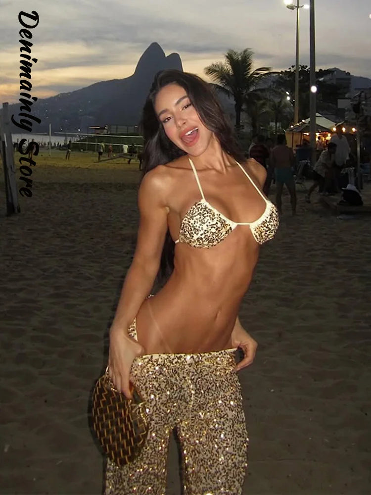 2 PCS Set 3 Colors UK Size Sexy Sequined Bikini Pants Set Women Sleeveless Backless Halter Cropped Top Wide Leg Pant  Summer Evening Beach Holiday Party Suit