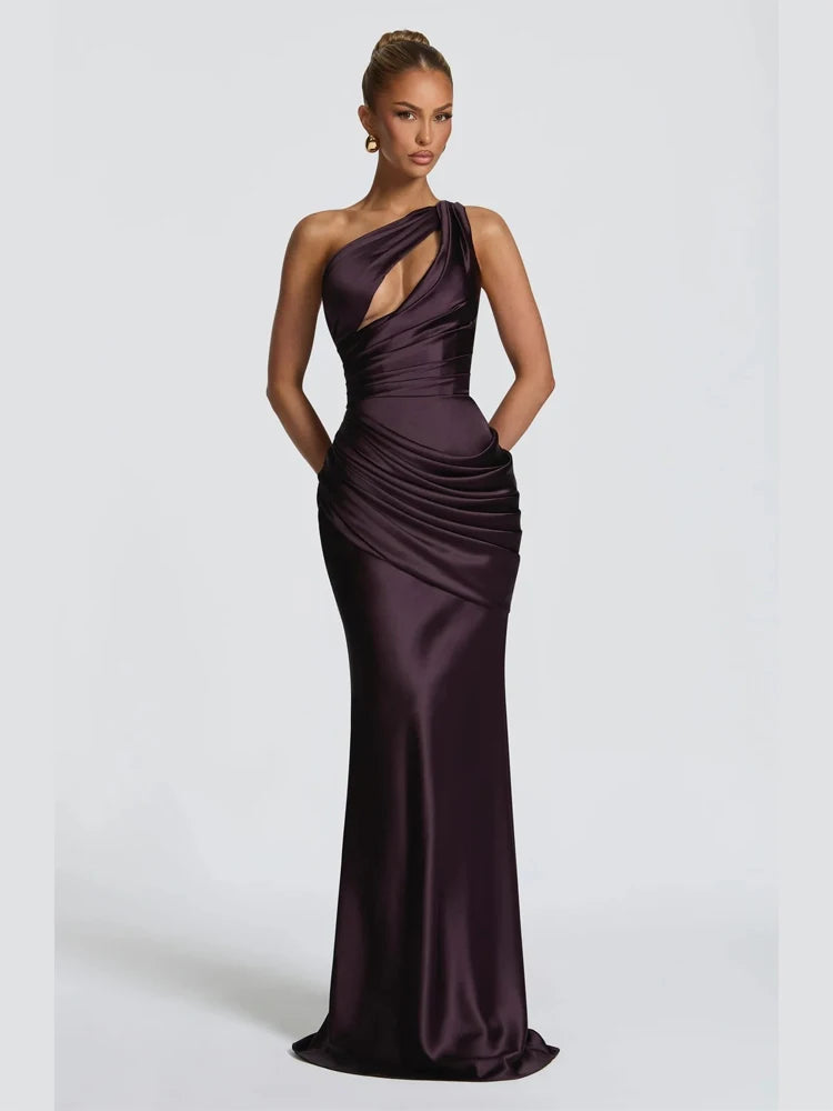 NEW Arrivals 4 Colors Spring/Summer Women Sexy Luxury Green Ruched Elegant Satin Maxi Dress Mermaid One-Shoulder Cutout Slim Fit Flows Lady Evening Party Wedding Guest Business Dinner Outfits