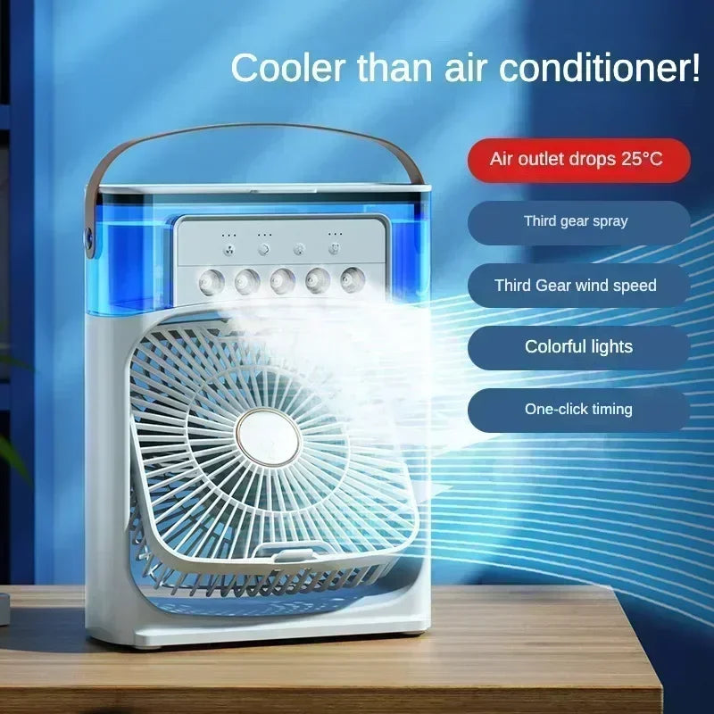 Save Energy Mini Portable Cooling Fan with USB Charging Water Mist Air Conditioner LED Lights Night Light for Home Office Desk Humidifier Cooling Devices.