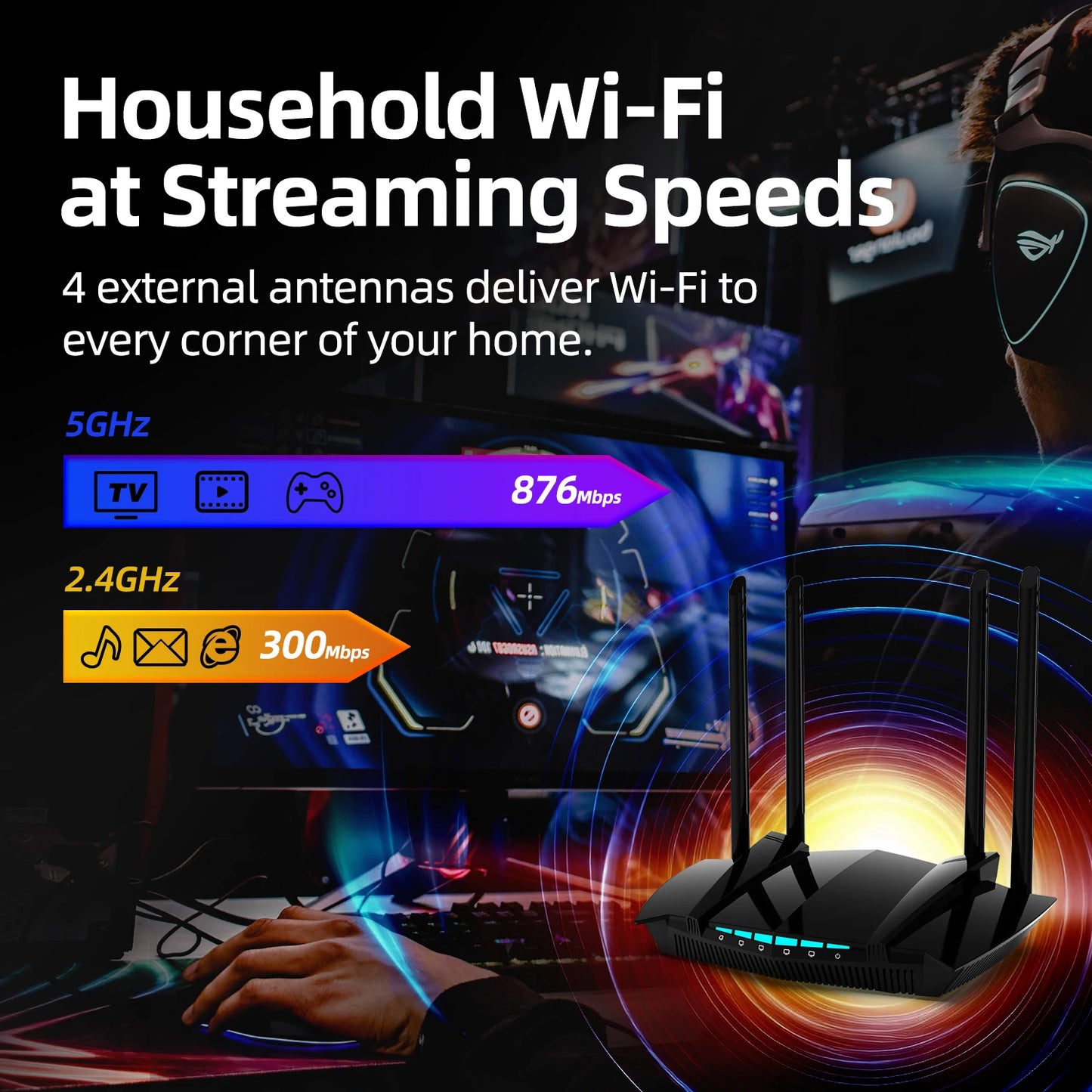 PIX-LINK AC1200 Dual Band Gigabit WiFi Router 1200Mbps 5GHz/2.4GHz MU-MIMO WPA3 4 Antennas Full Gigabit Ports Cover 300m²