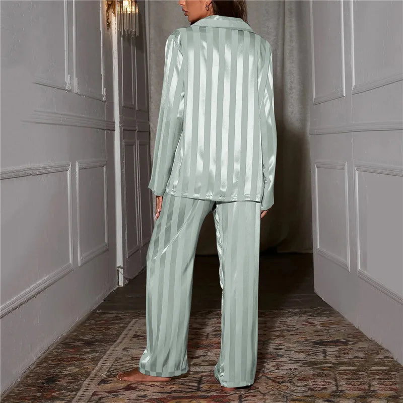 NEW 2PCS Set  L-4XL Plus Size 4 Colors Chubby Women's Striped Pajama Set, Solid French Silk Satin Pajamas, Comfortable Home Pajamas