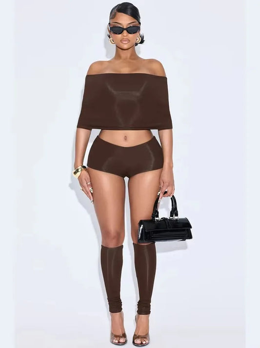 NEW 3PCS Set Black/Dark Brown Color Hipster Women Slash Neck Mid Sleeve Crop Tops +Shorts +Foot Cover Simple Summer Trend Matching Streetwear Suit