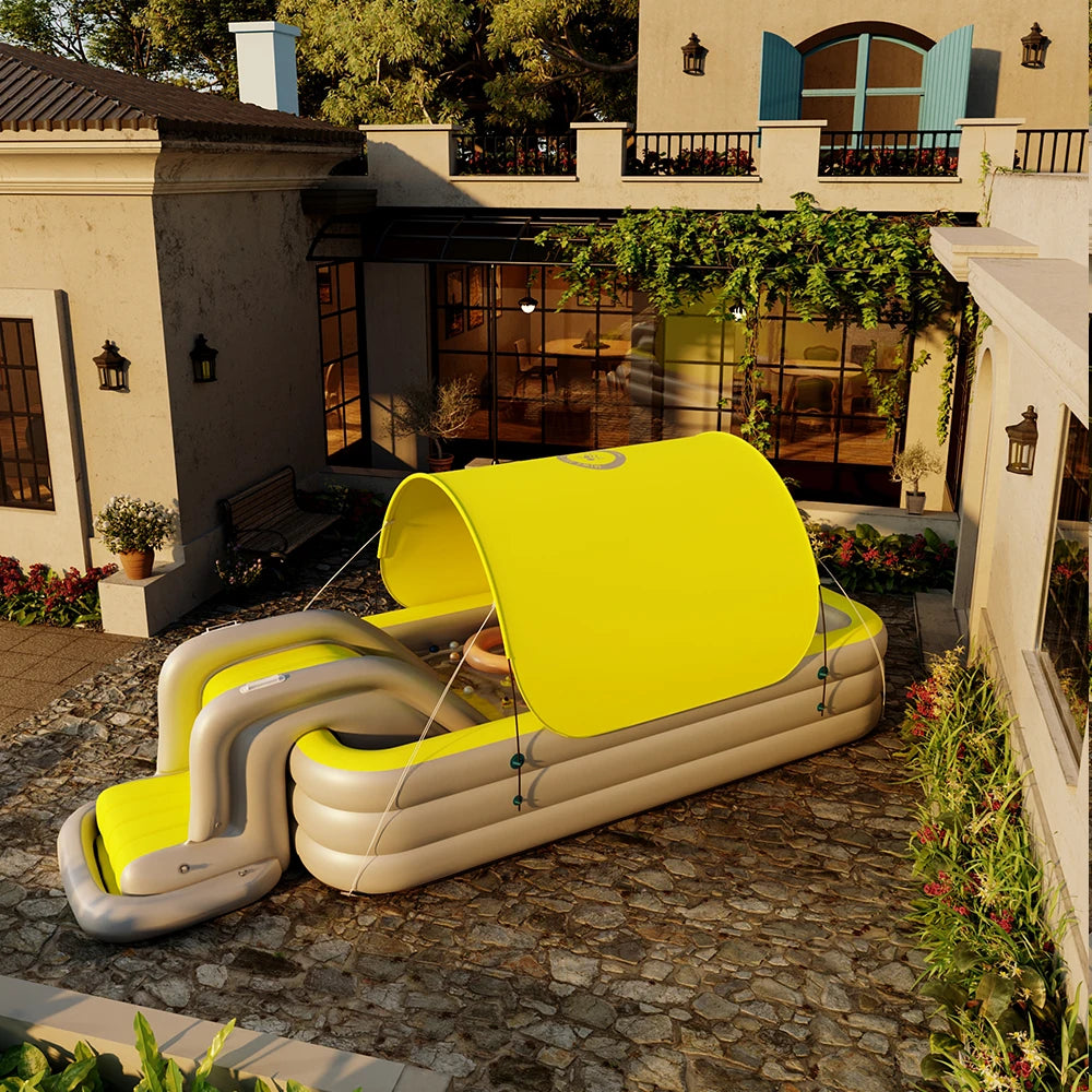 Home Villa Outdoor Large Size 3M Foldable Inflatable Water Pool with Sun Canopy and Slide, Children's Family Swimming Pool for Outdoor Party & Baby Water Fun Summer Water Sport Games