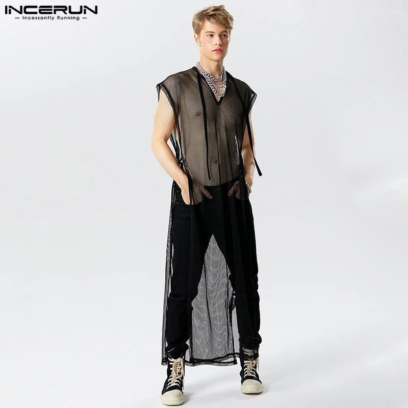 Stylish Casual Style Tops INCERUN Men's Sexy See-through Mesh Long-style Tank Tops Male V-neck Strap Sleeveless Thin Vests S-5XL